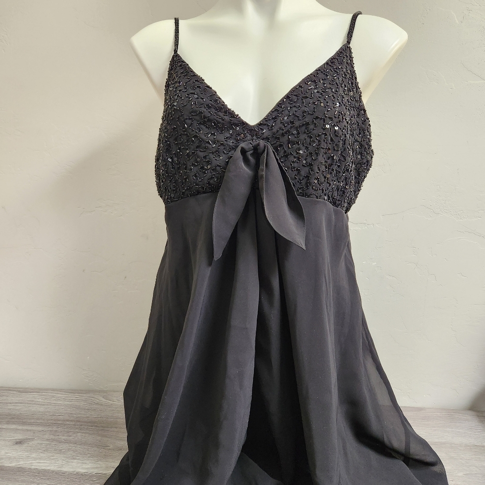 VINTAGE Eva Blue Black Dress Size 16 Beaded 90s Babydoll Front Bow‎ Flare Sheer